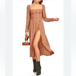 REFORMATION | SIGMUND Shirred Floral Print Long Sleeve High Slit MIDI Dress | 12